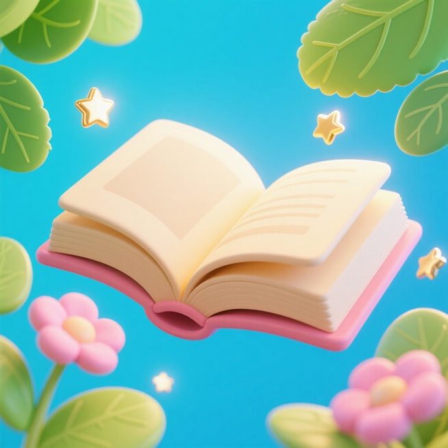 一本打开的书，漂浮着绿叶、小花、星星相关的装饰元素，撞色，蓝色背景预览效果