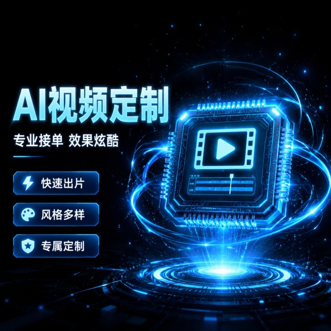 [主图-1] AI视频制作接单吸睛服务主题首图。
[氛围风格] 赛博科技炫酷风，未来感十足
[画质] 商业设计质感，画面清晰锐利，科技光效通透，整体高级炫酷
[元素] 画面中心是悬浮发光的AI芯片纹理预览效果