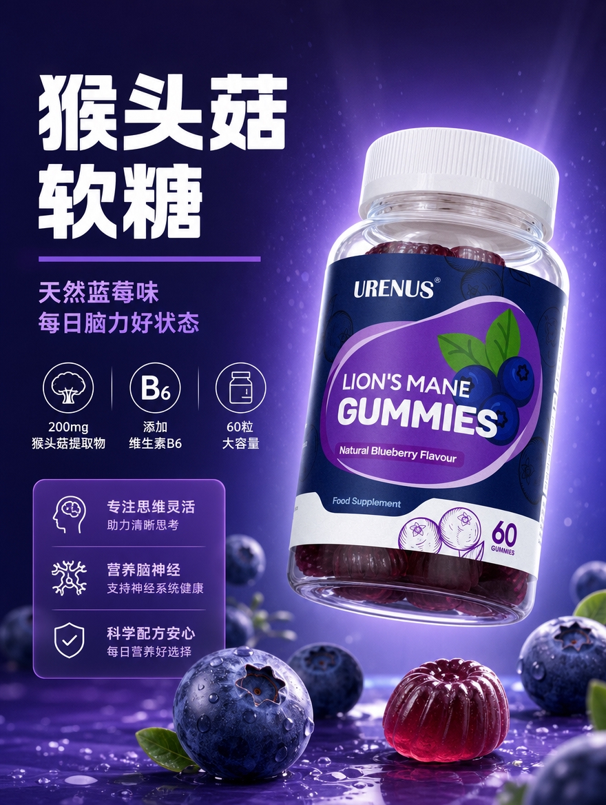 [商品] 使用【图1】URENUS猴头菇软糖透明瓶装产品图；保… - 图片创意预览