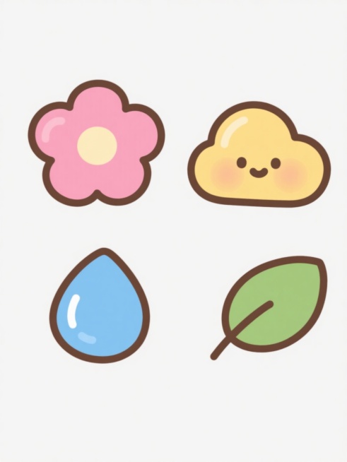 四个不同元素的可爱卡通图标集合，每个图标都采用圆润的手绘线条风格，轮廓为深棕色描边，内部填充柔和的纯色，带有细微的渐变和高光效果，元素分别为粉色花朵、黄色云朵、蓝色水滴和绿色叶子，所有图标在纯白色背景上呈两行两列规整排布，保持一致的大小和间距，整体色彩清新明快，风格统一，适合作为系列素材使用。预览效果