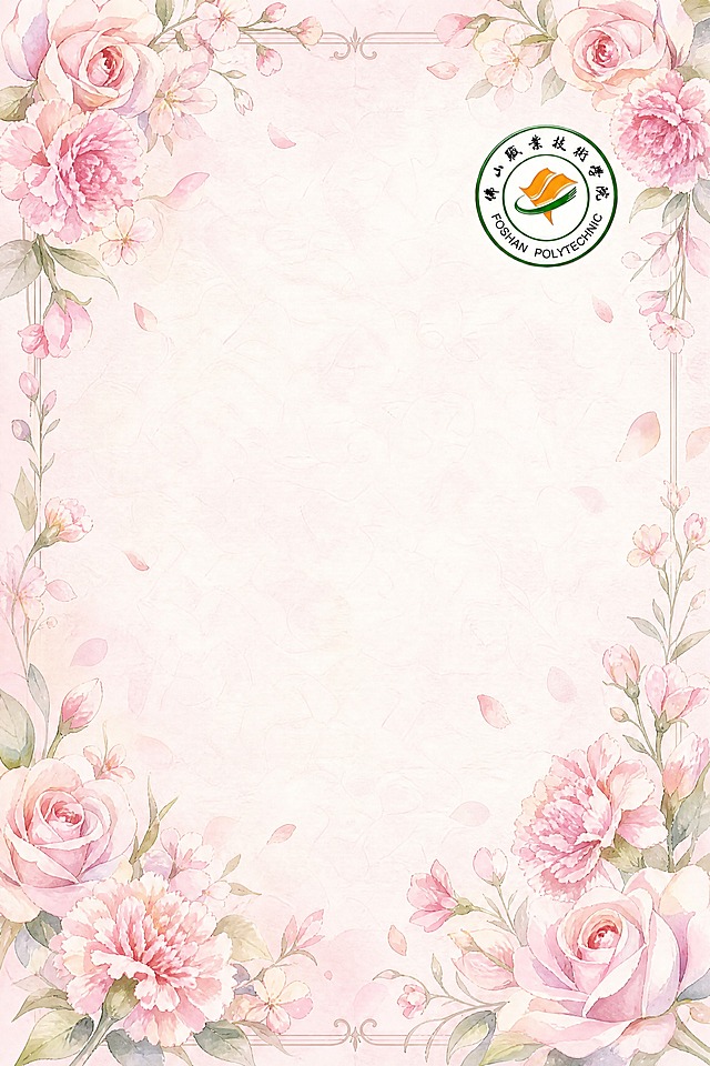 教师节贺卡背面设计，水彩手绘风格，与正面柔粉玫瑰色调统一。画面四角有对称的粉色玫瑰、康乃馨花枝装饰边框，中央大面积留白区域用于书写祝福语。右上角放置小型佛山职业技术学院校徽。背景为浅粉色宣纸纹理，点缀飘落的花瓣，整体简约雅致，水彩晕染效果，细腻纹理，高清水彩插画风格