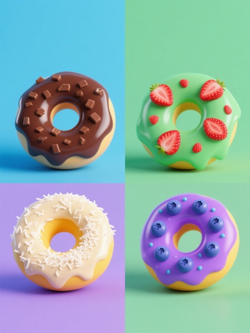 四个不同口味和装饰的甜甜圈，每个都有独特的纯色背景和整体色彩，保持3D渲染风格、圆润饱满的造型、光滑的糖霜质感和丰富的装饰细节，规整排布成系列素材集合，第一个是蓝色背景上的巧克力糖霜配棕色巧克力碎甜甜圈，第二个是绿色背景上的草莓糖霜配红色草莓片甜甜圈，第三个是黄色背景上的香草糖霜配白色椰蓉甜甜圈，第四个是紫色背景上的蓝莓糖霜配蓝色糖珠甜甜圈，高清晰度，柔和光影，无文字和二维码预览效果