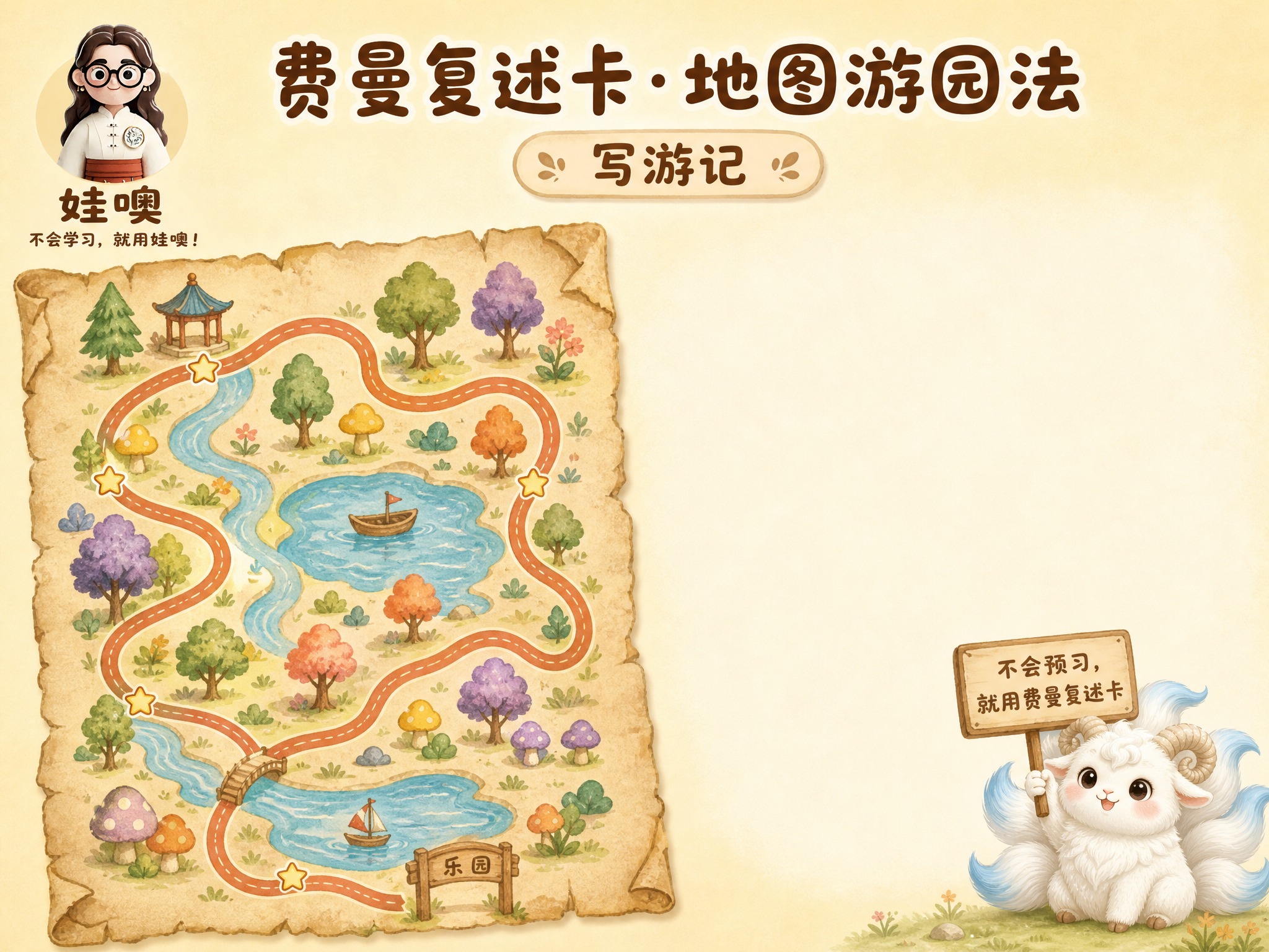 A4横版费曼复述卡标准模板，米黄色暖色调温馨风格。左上角是品牌… - 图片创意预览