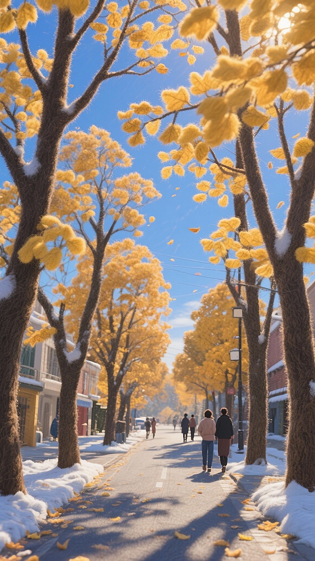 冬天的街景，道路两旁有高达金黄的梧桐树，蓝色的天空，暖暖的阳光照耀在树叶上，路上有行人，毛毡风格，尺寸9:16
