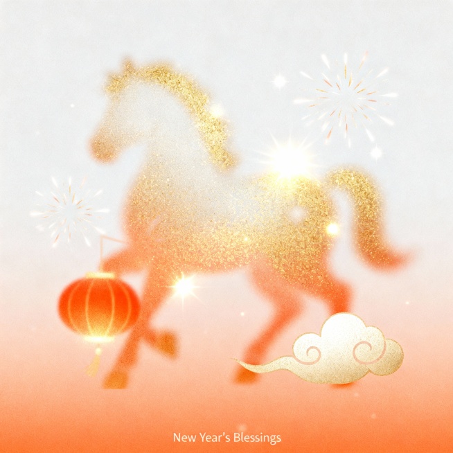 极简插画，虚实结合，模糊暖金颗粒肌理，单一的纯色背景，模糊感+颗粒感+肌理感+朦胧感，清新淡雅，治愈配色，色彩冷暖对比强烈，强调梦幻温暖的氛围感，微光，隐约看出马与灯笼的形态，周围有闪烁的烟花与祥云，预览效果