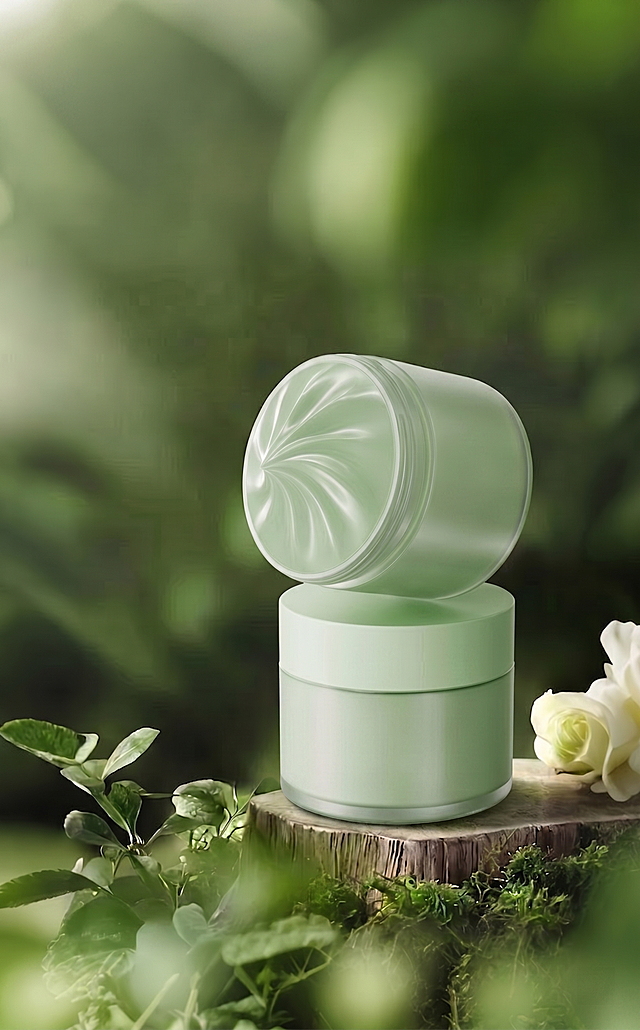 去除产品瓶身和瓶盖上的所有文字，保持原有产品造型、绿色自然场景和整体风格不变