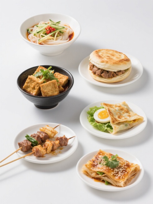 简约现代风格美食素材图，六个规整排布的白底美食，保持高清写实摄影质感，柔和自然光从上方45度角照射，物体表面有细腻高光和自然阴影，色彩鲜艳饱满，主体清晰突出，无文字无logo无水印。从左到右、从上到下依次为：第一排第一个是白色瓷碗装的凉皮，表面撒有黄瓜丝、豆芽和红色辣椒油；第一排第二个是黑色陶碗装的臭豆腐，表面金黄酥脆，点缀绿色香菜；第一排第三个是白色盘子装的肉夹馍，外皮金黄酥脆，露出里面的肉……预览效果