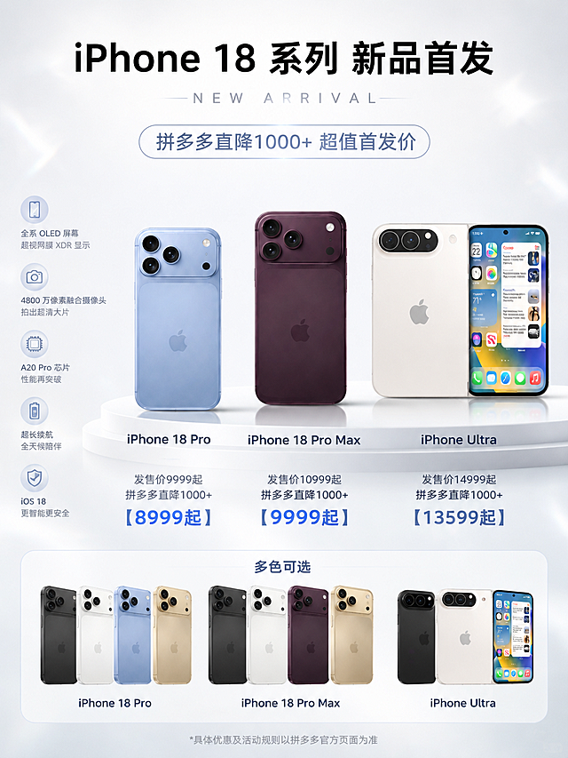 3:4竖版商业数码海报，纯净瓷白色背景，微弱冰白镭射细碎光晕，柔和冷调柔光，白色圆形展台，多台iPhone数码设备规整摆放，顶部大标题"iPhone 18 系列 新品首发" + 英文副标题"NEW ARRIVAL"，左侧圆形图标文字介绍，底部展示不同配色样机并标注名称，清爽干净科技质感，画面明亮通透，8K高清，排版精致规整，现代感科技风格，第一张为封面图，包含iPhone 18 Pro、iPhone 18 Pro Max、iPhone Ultra三款产品图和型号以及宣传语"拼多多直降1000+ 超值首发价"，产品图按照原图样式保留，不要重新设计产品外观，价格信息：iPhone 18 Pro 发售价9999起 拼多多直降1000+ 【8999起】；iPhone 18 Pro Max 发售价10999起 拼多多直降1000+ 【9999起】；iPhone Ultra 发售价14999起 拼多多直降1000+ 【13599起】