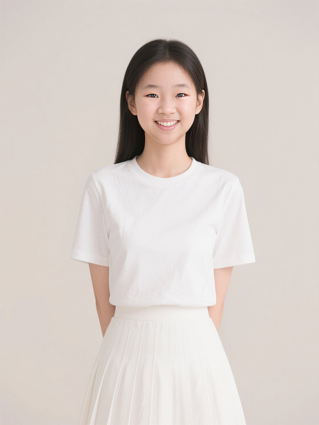 清新简约，单色设计风，纯白服饰展现纯净美感，背景极简，突出自然微笑的温馨氛围。