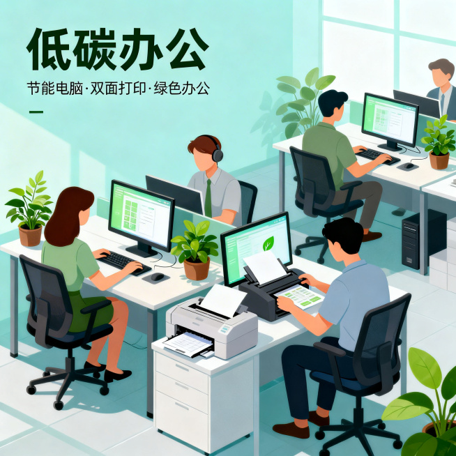 低碳办公主题正方形图片，画面展示办公室里人们使用节能电脑、双面打印，摆放着绿植，传递低碳办公理念预览效果