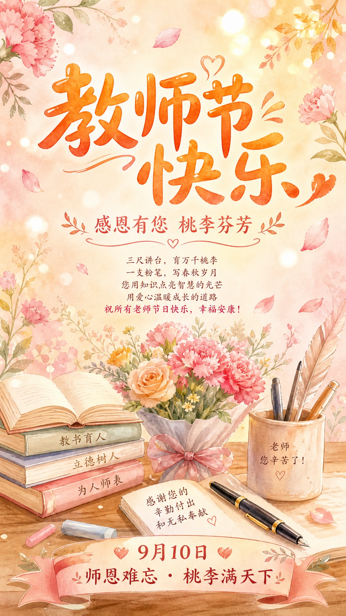 教师节节日祝福海报，手绘水彩风格，温馨治愈，暖色调。画面中央偏… - 图片创意预览