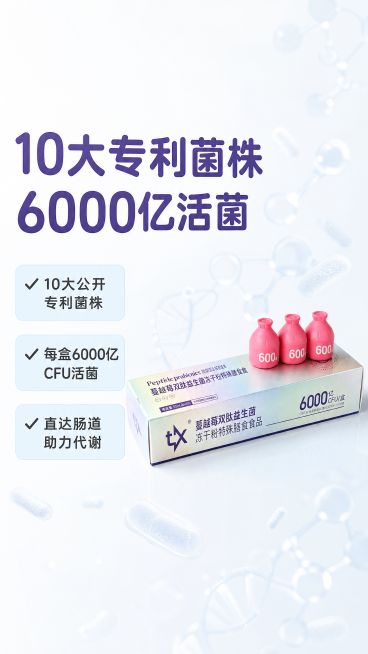 [第2屏] 核心成分展示屏，展示10大专利菌株和6000亿活菌核心优势。本屏使用【图1】展示产品包装主体，保持包装外观颜色结构与原图一致。[氛围/风格] 专业科研感，简洁清晰，数据突出。[元素布局]预览效果