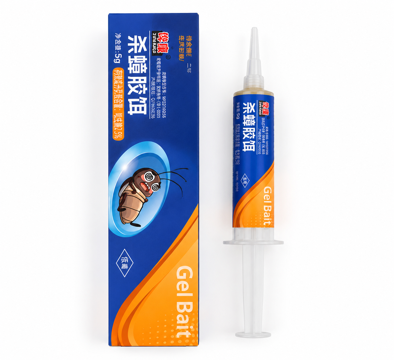 将图中的杀蟑胶饵产品（蓝色包装盒和针管式胶饵）改为俯视视角拍摄… - 图片创意预览