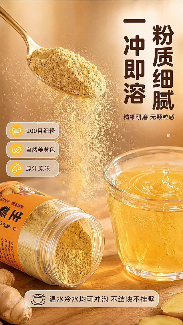 [第3张] 详情页质地特写-生姜粉粉质细腻微距与冲泡动作瞬间。本张使用【图1】作为商品主体，保留玻璃罐包装外观一致。
[氛围/风格] 食欲质感微距风，暖调柔光，粉末飞扬的动态感，商业摄影级细腻质感。
[元素布局] 画面上半部分：金色小勺从玻璃罐中舀起姜粉，姜粉细腻如尘从勺边缓缓洒落，粉末颗粒在空中悬浮，占画面约50%；下半部分：左侧玻璃罐侧放开口露出内部细腻姜粉堆，右侧一杯清澈金黄的姜茶液面有涟漪；背景为暖木色台面虚化。
[光影质感] 侧上方柔光打亮粉末颗粒，形成丁达尔光效，姜粉金黄通透，罐身玻璃反光自然，液体表面高光清晰，整体细腻有层次。
[配色色系] 全局底色 #FFF3E0（暖米杏）；主色姜黄金 #FFB300；辅助色暖橙 #FF7043、木棕 #6D4C41；字色深棕 #4E342E。
[视角构图] 上下分区，上动下静，微距视角，阅读动线从上洒落粉末→中部勺子→下方罐与茶汤。
[文字版式] 右上标题区竖排主标题「粉质细腻 一冲即溶」，温润圆角黑体深棕色；副标题「精细研磨 无颗粒感」，同色系小字；左侧中部3个圆角标签卖点：「200目细粉」「自然姜黄色」「原汁原味」，配小图标；底部横排说明「温水冷水均可冲泡 不结块不挂壁」，浅橙底深褐字。
[比例分辨率] 9:16竖版，4K分辨率，文字清晰可读，高清画质。
[负向提示词] 罐身变形，粉末形态虚假，水印，文字错乱，颜色偏差，背景杂乱，产品模糊。