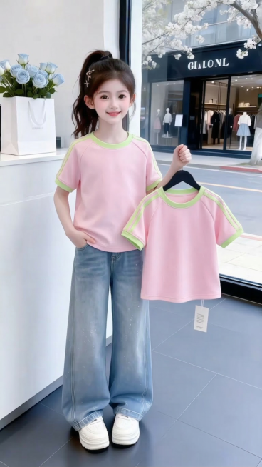 用图1短袖替换掉图2的模特身上穿的衣服和模特手里衣架上挂着的衣服，保留原场景光影，保持图2的人物的五官和发饰不变，下身穿着不变，姿势不变，背景不变，图片宽高尺寸不变，保持图1的短袖的款式材质不变和颜预览效果