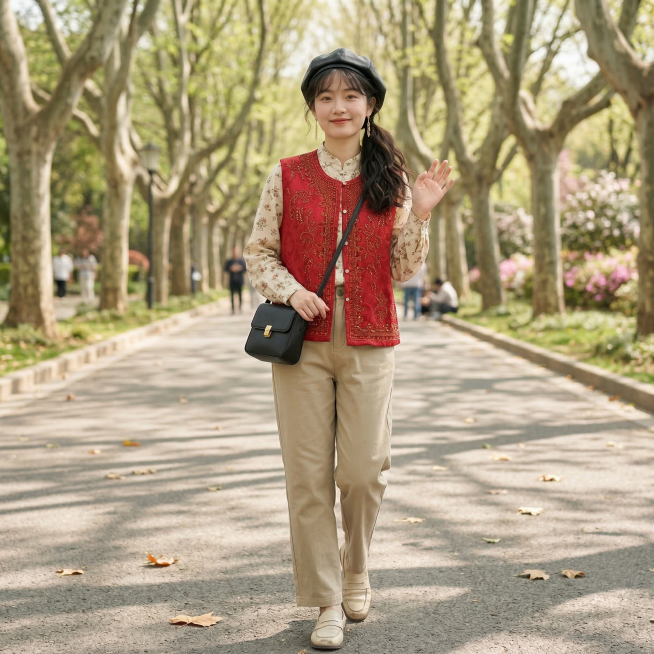 同一个长相甜美的年轻东亚女生，年龄20-25岁，身穿图中这件红色提花烫钻马甲，搭配浅卡其色直筒休闲裤和米白碎花立领衬衫，上衣不塞下装。女生留高马尾，发尾烫出自然弧度，额前留碎刘海，头戴黑色皮质贝雷帽，预览效果