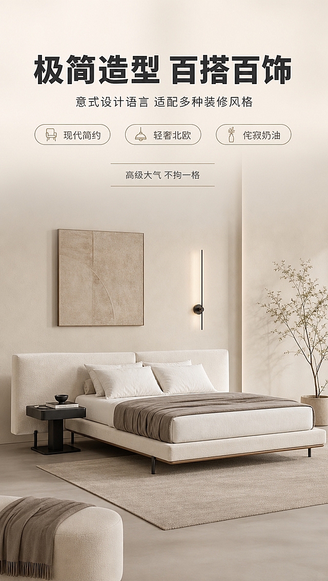 [商品] 使用【图1】意式简约悬浮布艺软包床；保留床头高软包、薄床架、金属细支脚、米白色布艺材质、低悬浮设计、整体比例与结构；商品处理：自然理顺布艺面料纹理，增强缝线与软包饱满质感，提升材质细腻度，不改变产品版型、颜色和结构。
[画面] 目标：设计美学页，突出意式简约造型不挑装修、高级大气；构图：上文下景，顶部约1/4文案区，下方大场景展示；主体位置：画面中下部居中，床占画面约50%；角度：正侧方平视；景别：中全景；前中后景：前景同色系床尾凳一角，中景床主体，后景艺术挂画+极简壁灯+肌理墙面；场景：艺术感极简卧室空间，柔和漫射光，突出床的线条美感。
[视觉] 套系策略：风格=意式极简高级商业摄影；标题字=现代无衬线粗体（思源黑体Heavy）；正文字=简洁无衬线体（思源黑体Regular）；主色=米白+浅杏；背景延展=基于米白浅杏做深浅层级渐变、同色系哑光墙面与织物质感；强调色=暖驼色，仅用于小面积图标、引线和标签；标题色=深炭灰；正文色=中暖灰；组件=圆角浅底信息卡、细线引线、极简icon；光影=顶部漫射暖柔光，均匀柔和，突出产品轮廓线条。
[文字] 顶部文案区：主标题「极简造型 百搭百饰」（8字）；副标题「意式设计语言 适配多种装修风格」（14字）；下方配3个风格标签胶囊：「现代简约」「轻奢北欧」「侘寂奶油」；底部小字说明：「高级大气 不拘一格」；所有文字横排，不遮挡床主体。
[规格] 图片比例9:16竖版，4K分辨率，负向提示：避免变形、错字、文字过小、冷蓝/冷灰背景、产品颜色改变、结构失真、缺件、水印、平台Logo、绝对化用语。