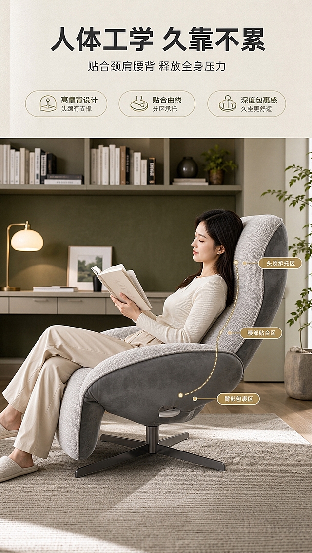 [商品] 使用【图1】右侧B款灰色休闲椅；保留高背造型、扶手曲线、深灰拼接、不锈钢底架、整体比例和结构；自然理顺面料纹理，增强羊绒麻质感，不改变版型和颜色。
[画面] 目标：模特沉浸体验页，展示人体工学高靠背舒适度。上文下景构图，上方约1/4文案区，下方3/4为书房场景；一位亚洲年轻女性侧身坐在椅子上，手持书本阅读，身体自然后靠，展示高靠背对颈部和腰部的承托；椅子呈微躺角度，主体占画面约55%；场景为现代书房，背景有书架、台灯、绿植，暖调自然光；叠加人体工学曲线标注（颈托/腰靠/座深）。
[视觉] 套系策略：风格=现代轻奢家居商业摄影；标题字=现代无衬线粗体；正文字=简洁无衬线体；主色=橄榄绿+高级灰；背景延展=基于米灰+橄榄绿做深浅层级、同色渐变和细腻织物/哑光质感；强调色=暖金色，仅用于小面积图标、引线和标签；标题色=深炭灰；正文色=中暖灰；组件=圆角浅底信息卡、细线引线、胶囊卖点框；光影=左前侧暖柔光，柔和阴影。
[文字] 顶部主标题「人体工学 久靠不累」，副标题「贴合颈肩腰背 释放全身压力」；3处引线标注「头颈承托区」「腰部贴合区」「臀部包裹区」；文字不遮挡人物脸部和椅子主体。
[规格] 图片比例9:16竖版，4K分辨率，淘宝/天猫适配，中文文案，亚洲模特；避免变形、错字、文字过小、冷蓝背景、产品颜色改变、结构失真、极限词。