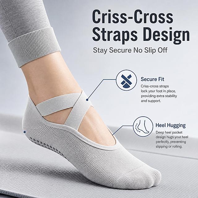 [主图-3] 2 Pairs Non-Slip Yoga Socks for Women, Criss-Cross Straps Grip Socks for Pilates Ballet Barre Home Workout Fitness (Black & Gray)。交叉绑带贴合设计卖点图，核心任务是展示绑带结构和贴合不掉跟的优势。
[统一基调] 跨境电商专业信息图风格，浅冷灰色渐变背景，冷调柔光，现代简约。标题字体为现代无衬线粗体，深炭灰色主标题，中灰色辅助文字，图标采用简约线性风格，强调色为深灰蓝色。
[画面] 画面主体为一双灰色瑜伽袜的侧面45度上脚特写（仅展示脚踝到脚尖的脚部局部，欧美女性脚型，皮肤白皙），占画面约60%，位于画面偏左下位置，清晰展示脚背处的X型交叉绑带设计、露背开口和袜口贴合度。右上方为标题区，下方配2个引线标注指向绑带和后跟部位，分别说明绑带固定和后跟贴合的设计。背景为简洁的浅灰渐变，隐约有瑜伽垫边缘作为环境暗示。
[光影质感] 柔和自然光感，主光从右上方打下，绑带边缘有清晰轮廓光，脚部皮肤质感自然，袜子棉质纹理清晰，整体有立体感。
[配色] 浅冷灰渐变背景，深炭灰标题，深灰蓝强调色，灰色瑜伽袜配同色绑带。
[文字版式] 左上角大标题"Criss-Cross Straps Design"，下方副标题"Stay Secure No Slip Off"。两条细引线分别指向脚背交叉绑带处和后跟处，引线末端配短说明文字"Secure Fit"和"Heel Hugging"。文字均为英文，现代无衬线字体。
[输出要求] 1:1正方形，2048x2048，产品清晰，文字清晰可读，无畸形脚部、无手指异常、无穿模，无水印、无平台Logo。