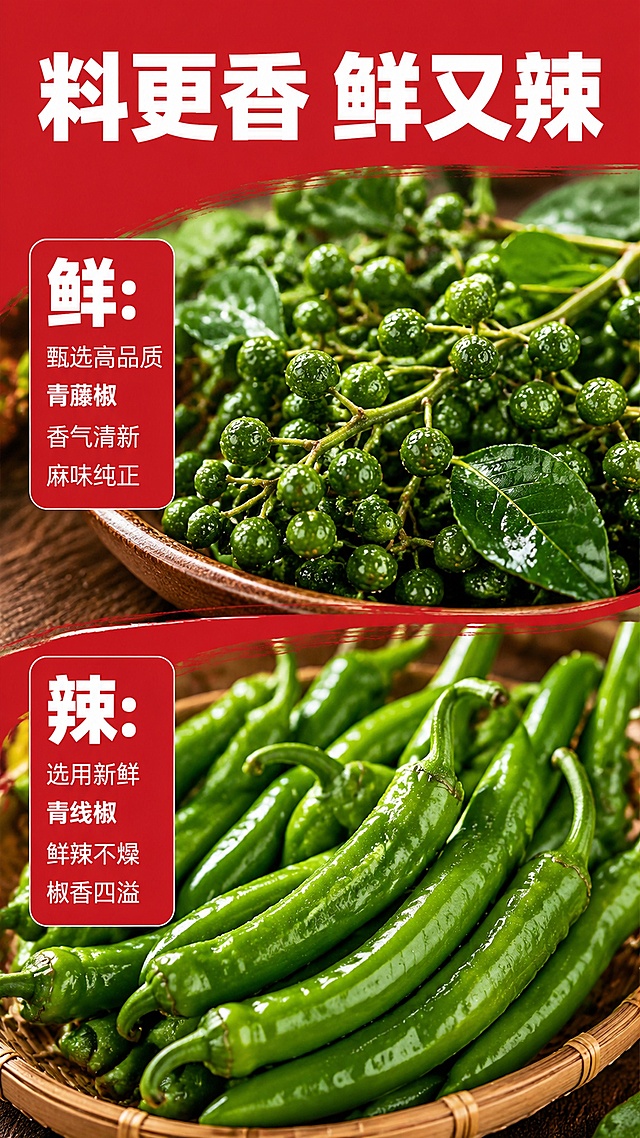 [第3屏] 原料展示屏，倍珍香藤椒风味酱新鲜原料展示。
[氛围/风格] 真实食材展示，浓郁食欲感，商业食品摄影质感。
[元素布局] 上半部分展示新鲜带枝青藤椒，占屏约50%，下半部分展示新鲜青线椒，双区排版，保留真实食材纹理，每块区域都标注原料特点，整体干净清爽。
[光影质感] 自然侧光拍摄，突出食材新鲜度，保留水分光泽，层次分明。
[配色色系] 全局底色 #dd1818，主色红色，辅助色食材原生绿色、白色文字。
[视角构图] 俯拍食材展示，上下分区排版，从上到下阅读动线。
[文字版式] 顶部主标题「料更香 鲜又辣」，青藤椒区标注「鲜：甄选高品质青藤椒 香气清新麻味纯正」，青线椒区标注「辣：选用新鲜青线椒 鲜辣不燥椒香四溢」，使用白色加粗字体，色块标注清晰，文字不遮挡主体食材。
[比例分辨率] 9:16 竖版比例，宽度 1080，高度 1920，4K 分辨率，文字清晰可辨，高清画质。
[负向提示词] 食材枯萎变色，文字错乱，水印，背景杂乱，构图失衡
