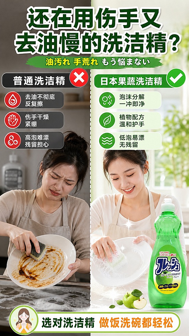[商品] 使用【图2】苹果味洗洁精；保留瓶身形状、绿色液体、标签图案与文字全部原貌，不拉伸不重绘。
[画面] 页面目标：痛点对比，突出普通洗洁精的问题与本品的解决优势。构图：左右分栏对比，左栏痛点右栏解决。左半部分暗调背景：一只手在费力擦油污盘子，表情费劲，旁边普通洗洁精瓶子模糊处理，盘子上油污明显擦不干净，配红色叉号。右半部分明亮洁净背景：本品苹果味洗洁精放在旁边，盘子一擦就亮，泡沫丰富，手轻松自然，配绿色对勾。中间用竖线分隔，顶部大标题横跨两栏。底部加一行总结条。阅读动线：先看顶部标题，再左右对比看。
[视觉] 套系策略：风格=中日文混合爆款详情页 明亮洁净商业摄影；标题字=粗黑体 大字 带描边；正文字=圆润无衬线体；主色=清新果绿；背景延展=左栏暗灰暖调 右栏浅绿明亮 对比强烈；强调色=香橙橙+西柚粉，仅用于小面积图标、标签、高亮；标题色=深绿粗字带白边；正文色=深灰；组件=圆角胶囊信息条、对比图标、日文小字装饰；光影=左栏偏暗侧光 右栏明亮柔光 对比明显。
[文字] 顶部大标题「还在用伤手又去油慢的洗洁精？」日文副标题「油汚れ 手荒れ もう悩まない」。左栏痛点标题「普通洗洁精」，下面3个痛点竖排：「去油不彻底 反复擦」「伤手干燥 紧绷」「高泡难漂 残留担心」。右栏解决标题「日本果蔬洗洁精」，下面3个优势竖排：「泡沫分解 一冲即净」「植物配方 温和护手」「低泡易漂 无残留」。底部总结条「选对洗洁精 做饭洗碗都轻松」。文字清晰可读，不遮挡产品主体。
[规格] 图片比例9:16竖版，2K，避免变形、错字、文字过小、瓶身标签错乱、产品拉伸、夸张恐吓式痛点、水印、平台Logo。