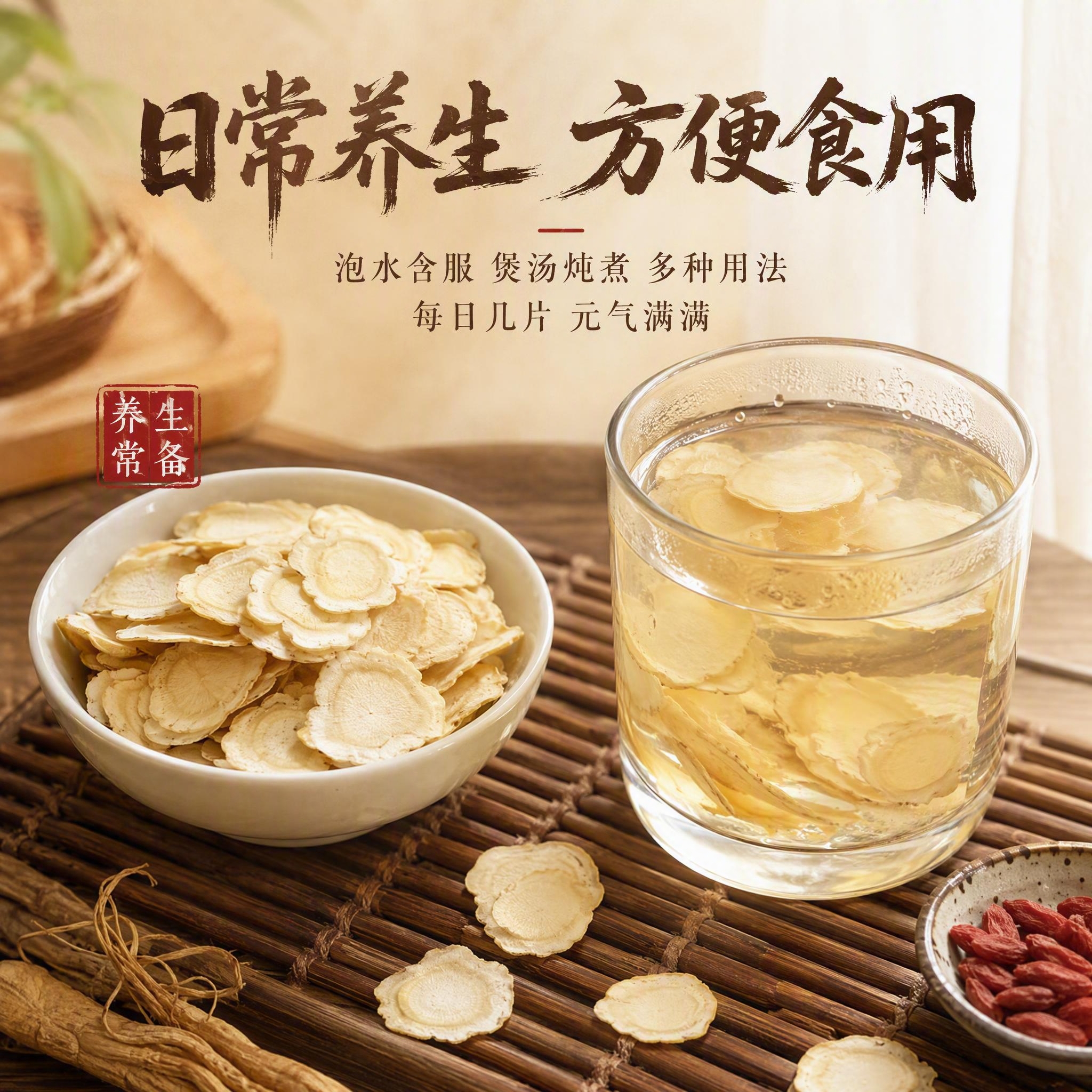 [主图-4] 食用场景图，主题为人参片的日常养生食用场景，展示… - 图片创意预览
