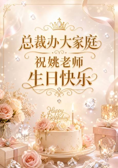A4竖版生日贺卡，整体充满温馨浪漫的生日氛围，画面点缀多个闪耀的白色钻石，主体文字内容为"总裁办大家庭，祝姚老师生日快乐"，文字排版精致美观，整体风格高级大气预览效果