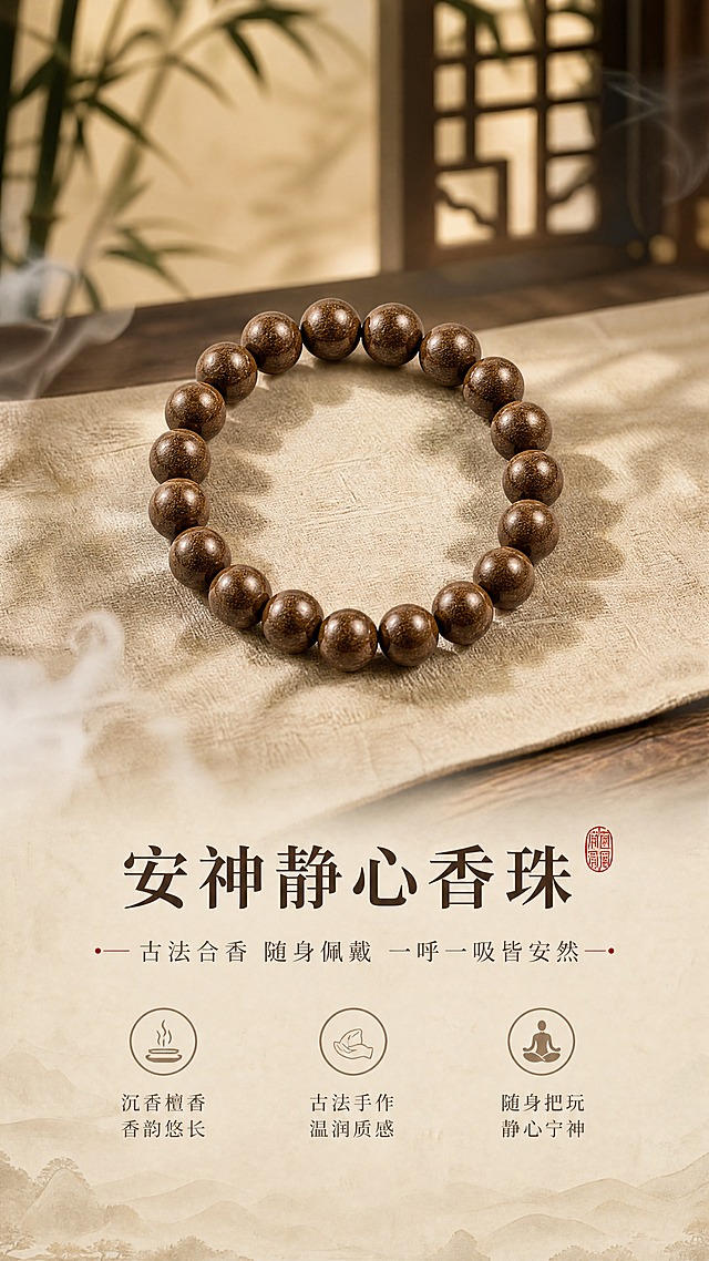 [商品] 使用【图1】安神静心香合香珠手串；保留圆珠形态、深棕褐色香珠材质、颗粒质感、手串整体结构与珠数；修复珠面光泽，使珠体圆润饱满，纹理细腻均匀。
[画面] 第1张·氛围头图，目标突出古法合香珠手串的禅意雅致与产品全貌。手串置于画面中央偏上，占画面约50%，下方留白放文案。背景为新中式禅意空间，前景有淡淡的烟雾缭绕，中景为素色亚麻布与古朴木桌，后景虚化的中式窗格与竹影。柔和侧光打在珠串上，凸显温润质感。整体氛围静谧、雅致、有东方美学意境。
[视觉] 套系策略：风格=新中式禅意国风商业摄影；标题字=宋体衬线粗体（雅致古风）；正文字=简洁宋体细体；主色=深棕褐+米杏色；背景延展=基于米杏色做深浅层级、同色渐变和宣纸/亚麻织物质感；强调色=朱砂红，仅用于小面积印章、引线和标签点缀；标题色=深炭褐；正文色=暖棕灰；组件=圆角米白底信息卡、细线引线、朱砂红印章点缀；光影=左前侧暖柔光，柔和自然阴影。
[文字] 画面下方留白处横排文字：主标题"安神静心香珠"（大字号），副标题"古法合香 随身佩戴 一呼一吸皆安然"（中字号），下方3个短卖点"沉香檀香香韵悠长""古法手作温润质感""随身把玩静心宁神"。文字不遮挡珠串主体，排版居中对齐，层次分明。
[规格] 图片比例9:16竖版，4K，medium质量。避免变形、错字、文字过小、冷蓝/冷灰背景、珠串颜色改变、结构失真、绝对化用语、医疗功效承诺。