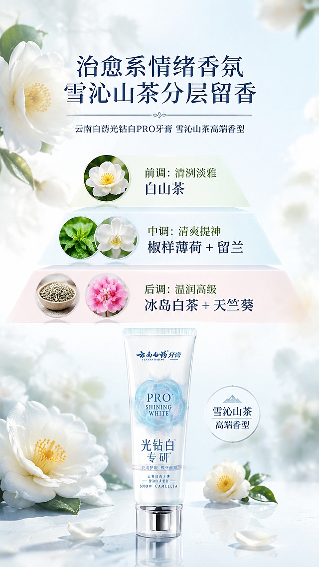 使用商品详情页技能根据商品图「图片1」「图片1」生成详情页，参考图为，商品名称为云南白药光钻白PRO牙膏，卖点为云南白药光钻白PRO牙膏,依托云南白药百年医药研发积淀，将专业制药科技融入口腔焕白护理，打造集抗渍、抗损、美白、清新于一体的专业口腔护理产品，专属雪沁山茶高端香型，以多重实证功效实现焕白与护齿双效兼顾，为牙齿带来高阶钻白光感，兼顾口腔健康与美学体验，适配日常多元口腔护理需求。【核心功效】1.护口有方——添加云南白药提取物，口腔健康护理有方不是一支基础的美白牙膏，特别添加云南白药提取物，帮助强韧口腔健康屏障，减轻牙龈出血、牙龈肿痛、口腔黏膜损伤等口腔问题，有效抵御麻辣热烫、酸甜重口饮食刺激，无惧日常饮食困扰，想吃就吃，为牙齿焕白筑牢口腔健康根基。2.钻白闪耀——3抗美白配方，3天焕白10个色阶搭载3抗美白配方，精准实现抗渍、抗牙结石、抗牙菌斑，有效瓦解外源性牙渍，抑制牙菌斑与牙结石堆积，经实证3天提升10个美白色阶，让牙齿呈现通透钻白光感，亮白更持久。3.治愈系情绪香氛——雪沁山茶，分层留香取自云南，定制高端专属香型「雪沁山茶」，采用轻奢调香工艺打造清冽淡雅的白山茶前调、清爽提神的椒样薄荷+留兰中调，以及温润高级的冰岛白茶+天竺葵后调，香气层次丰富、留香持久，温和不刺激口腔黏膜，悦己、自信、闪耀、自然、自由。，适配平台为淘宝/天猫，图片比例为9:16，需求屏数为8张，