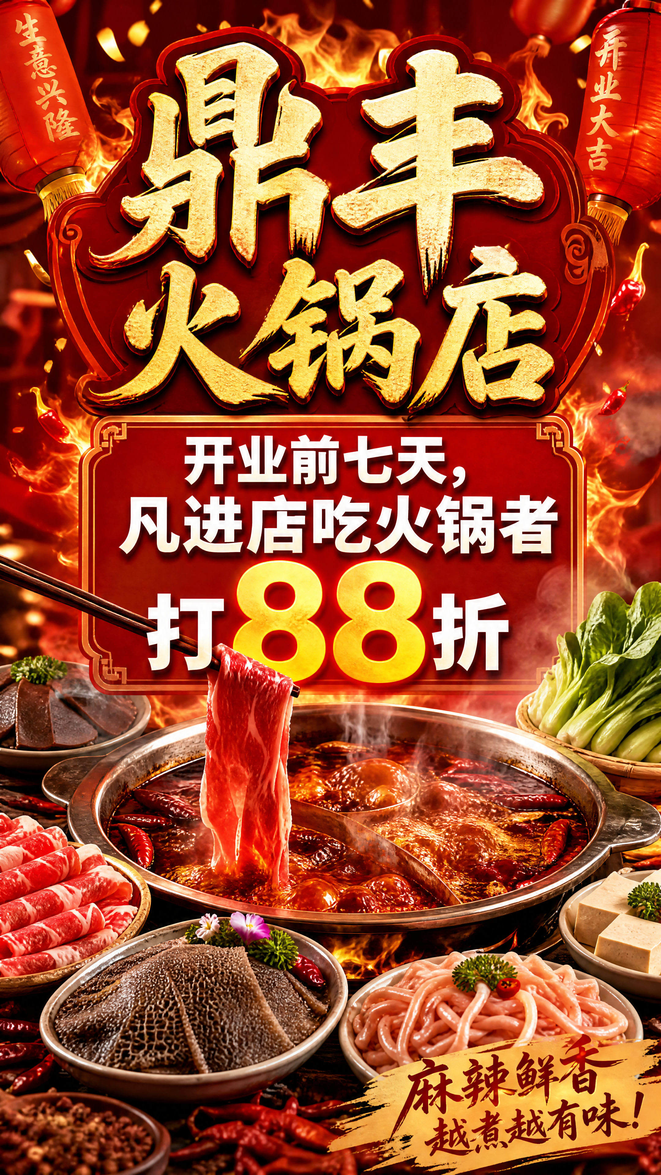 火锅店开业促销海报，画面主体醒目标题"鼎丰火锅店"，下方清晰文… - 图片创意预览