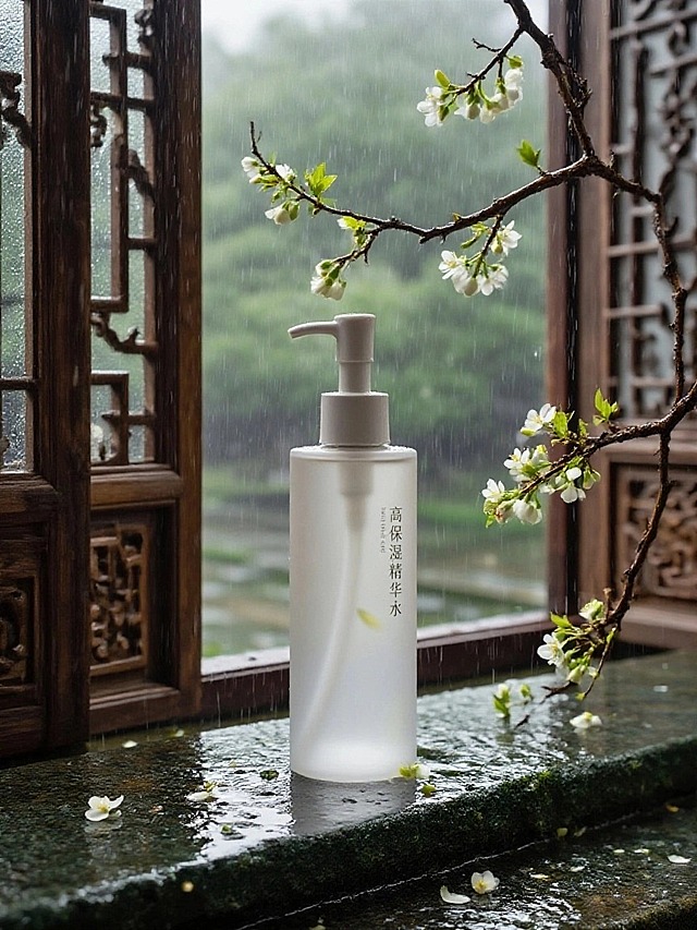 抠出主体，保留主体尺寸大小，形状和颜色。前景特写主体和一支伸出来的枯枝前，茉莉花点缀枯枝。背景是半掩雕花木窗，窗外雨后青石阶，花瓣飘落青石阶。