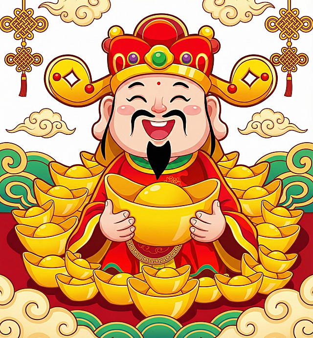 财神双手托住中间的金元宝