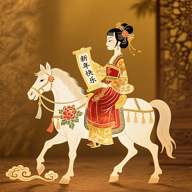 主体是身穿红金传统汉服的少女，手持 “新年快乐” 卷轴，骑在一匹装饰牡丹与流苏的白色骏马上。骏马呈缓步前行姿态，蹄下有祥云。背景为棕黄色，带有古典纹理，整体呈现优雅、喜庆的拜年场景。