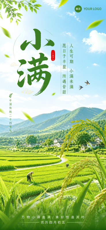 小满节气田园稻田风景清新写实风朋友圈竖版海报预览效果