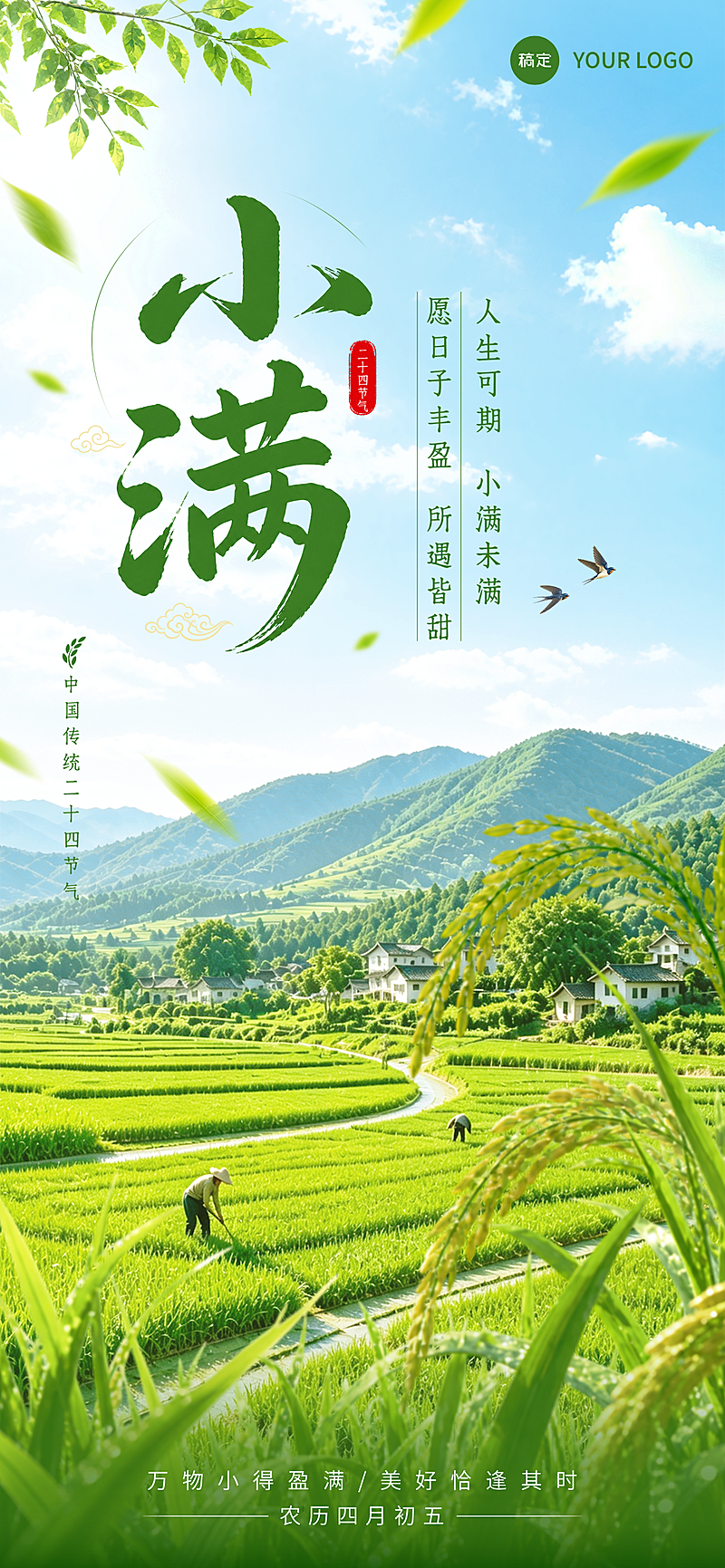 小满节气田园稻田风景清新写实风朋友圈竖版海报