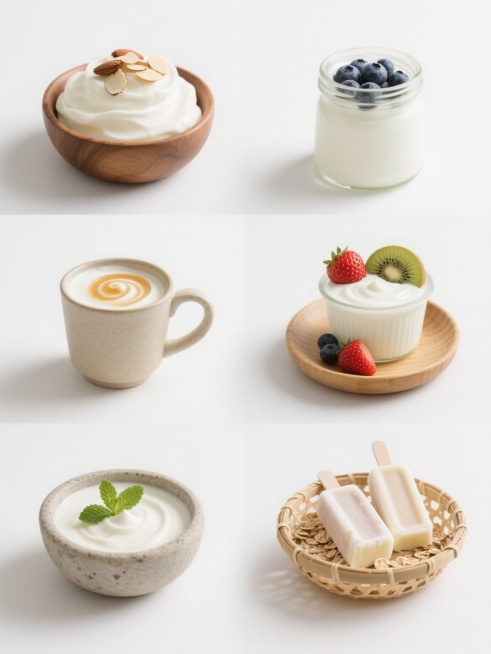 纯白背景上，六个不同酸奶元素的写实主义风格食品摄影集合，每个元素均采用相同的高分辨率细节表现和自然光线处理，保持一致的浅景深效果和柔和阴影。元素包括：1. 木碗中堆叠的奶油状原味酸奶配杏仁片；2. 玻璃罐里的希腊酸奶配新鲜蓝莓；3. 陶瓷杯中带有蜂蜜漩涡的浓稠酸奶；4. 竹制托盘上的酸奶水果杯（草莓+奇异果）；5. 石碗中点缀薄荷叶的无糖酸奶；6. 藤编篮内的酸奶冻糕配燕麦脆。所有元素呈2×3……预览效果