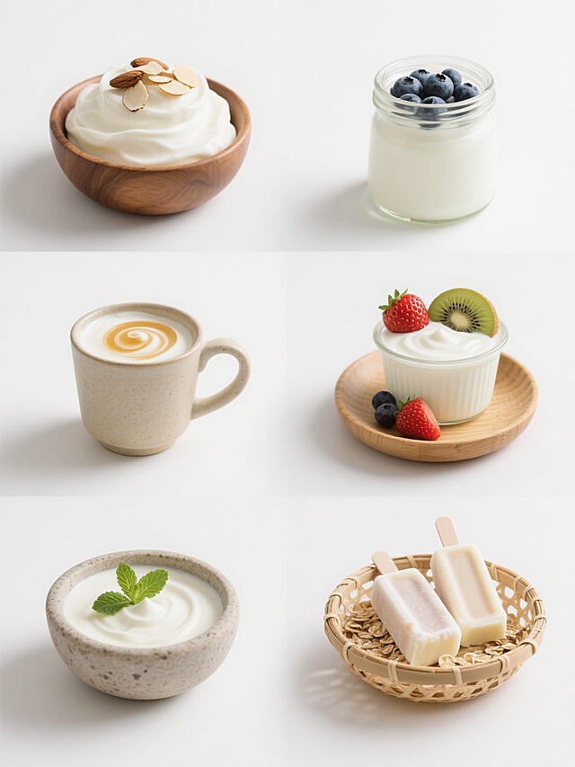 纯白背景上，六个不同酸奶元素的写实主义风格食品摄影集合，每个元素均采用相同的高分辨率细节表现和自然光线处理，保持一致的浅景深效果和柔和阴影。元素包括：1. 木碗中堆叠的奶油状原味酸奶配杏仁片；2. 玻璃罐里的希腊酸奶配新鲜蓝莓；3. 陶瓷杯中带有蜂蜜漩涡的浓稠酸奶；4. 竹制托盘上的酸奶水果杯（草莓+奇异果）；5. 石碗中点缀薄荷叶的无糖酸奶；6. 藤编篮内的酸奶冻糕配燕麦脆。所有元素呈2×3网格规整排布，每个元素保持相同的光影方向和质感表现，整体构图均衡对称，色调以白色、米色和原木色为主，突出酸奶的细腻纹理和食材的新鲜度。