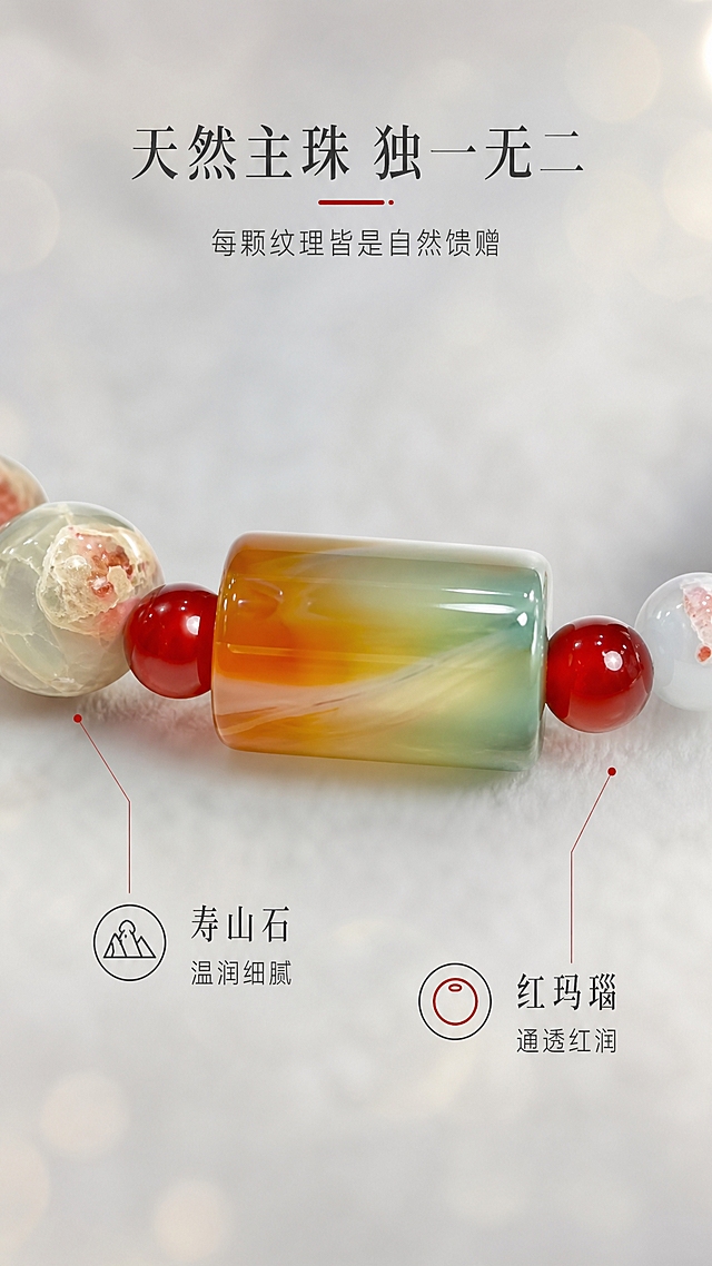 [商品] 使用【图1】复古新中式寿山石红玛瑙手串；保留手串完整结构、珠子顺序、颜色大小比例、方形桶状黄绿主珠、浅蓝带红纹寿山石珠、正红色红玛瑙小圆珠；微距下增强玉石内部纹理、通透感和表面光泽，清理灰尘划痕。
[画面] 详情页第6张 细节微距 主珠特写。9:16竖版构图，微距特写视角，画面中央是那颗方形桶状的黄绿带红纹主珠，占据画面核心位置，展示其独特的纹理、色彩渐变和玉石通透质感。主珠两侧各有一颗红玛瑙圆珠和一颗寿山石珠部分入镜，形成层次感。背景为浅灰色柔和虚化焦外光斑，突出主珠细节。珠子表面有细腻高光，内部天然纹理清晰可见，质感温润。
[视觉] 套系策略：风格=清冷新中式真实商业摄影；标题字=纤细宋体类国风字体；正文字=简洁细黑体；主色=浅米灰蓝；背景延展=基于浅米灰做深浅层级、同色渐变和柔焦光斑质感；强调色=朱砂红，仅用于小面积点缀、引线；标题色=深炭灰近墨色；正文色=中暖灰；组件=细线引线标注、极简图标、无厚重色块；光影=精准柔光 突出材质。
[文字] 画面上方主标题「天然主珠 独一无二」，副标题「每颗纹理皆是自然馈赠」，下方用细线引出小标注「寿山石 温润细腻」「红玛瑙 通透红润」。文字横排，放在上下留白区域，不遮挡主珠。
[规格] 图片比例9:16竖版，2K，避免变形、错字、文字过小、塑料感、过曝、灰尘划痕、珠子纹理不自然、水印、平台Logo。
