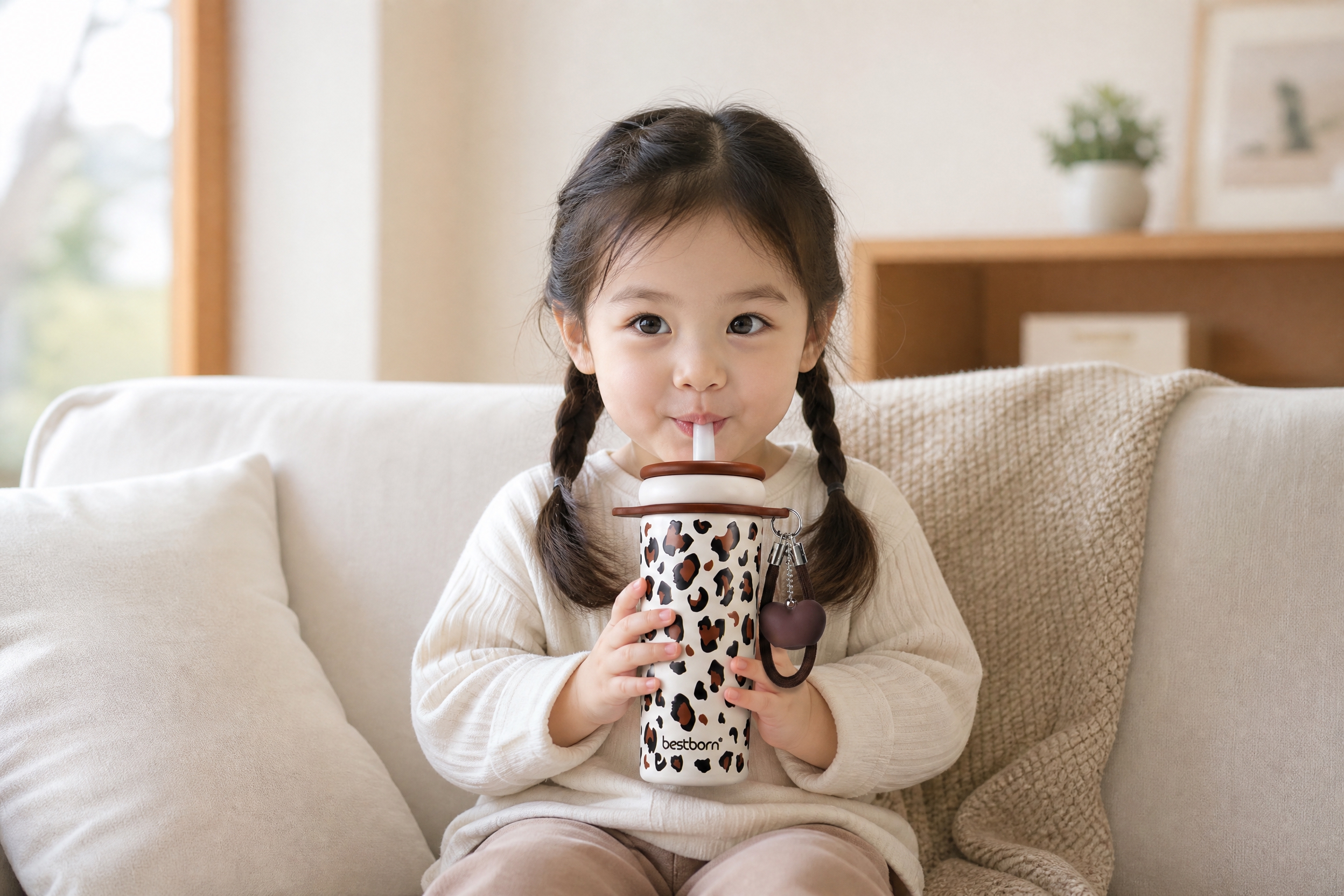 可爱的小孩子双手拿着图中的豹纹吸管保温杯（棕色豹纹款，带棕色爱… - 图片创意预览