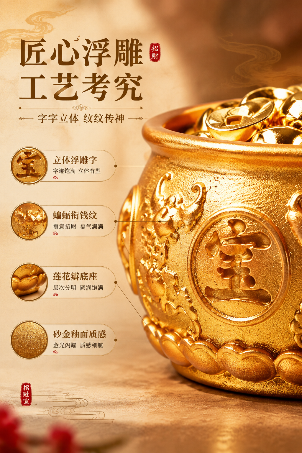[商品] 使用【图1】金色聚宝盆招财摆件；重点保留并放大盆身浮… - 图片创意预览
