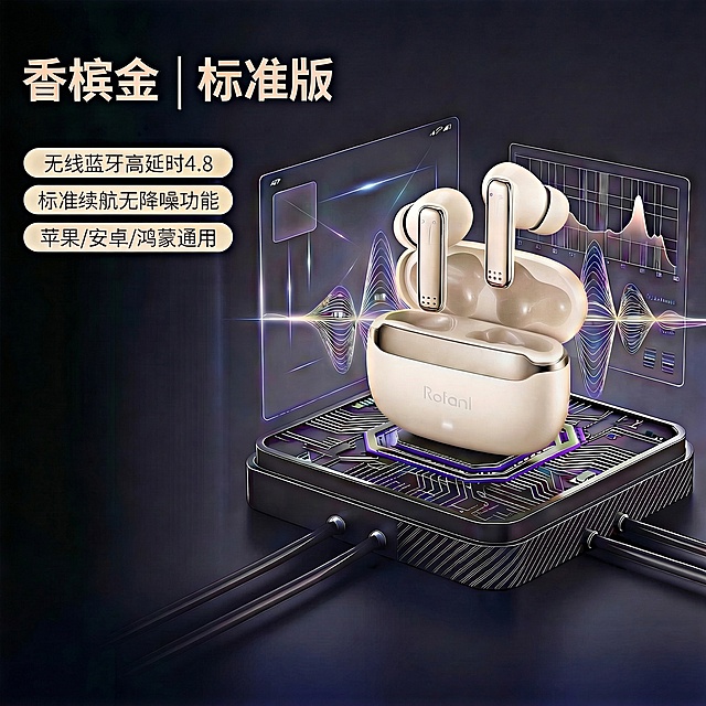 保持原图所有内容、文案、构图和产品造型不变，将图片输出尺寸调整为2000x2000像素，保留未来科技风背景和香槟金耳机产品质感。负向提示词：塑料感、低模、噪点、平面化、Logo变形、比例失调、文字错误