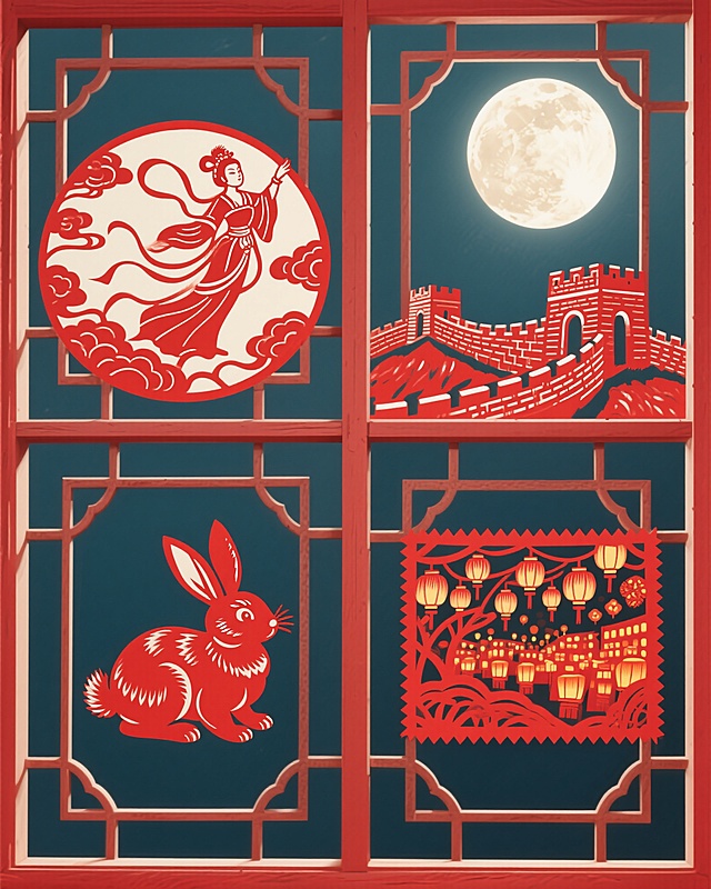 以窗花的形式展现儿时中秋氛围