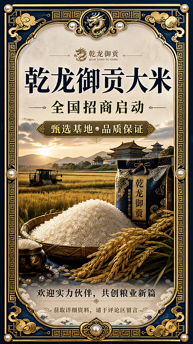 高端大气有质感的乾龙御贡大米招商海报，深蓝色宫廷风边框带金色回纹祥云和珍珠点缀，中间背景为黑土地稻田丰收场景，稻田颗粒饱满堆放，暗调高级质感，文案排版：主标题“乾龙御贡大米”深蓝色厚重衬线字体，副标题“全国招商启动”，金色卖点标语“甄选基地 品质保证”，底部居中深蓝色文案“欢迎实力伙伴，共创粮业新篇”，底部金色小字“获取详细资料，请于评论区留言”，深蓝金白主色调