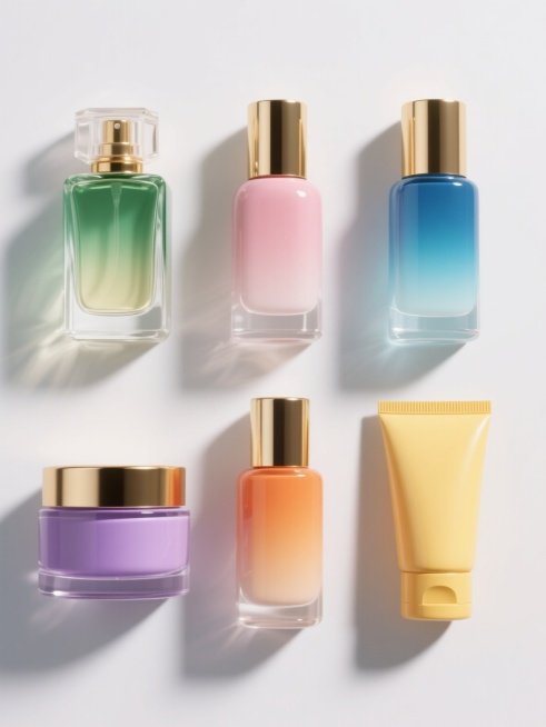 六个不同美妆产品的系列素材集合，保持与原图一致的高清写实3D风格，透明玻璃材质瓶身搭配金色金属瓶盖，渐变色彩从瓶底到瓶口自然过渡，每个产品都具有精致的几何轮廓和光滑的表面质感，规整排布在纯白色纯色背景上，光线从顶部柔和照射形成细微高光和阴影，展现出高端奢华的视觉效果，产品包括：绿色渐变香水、粉色渐变精华液、蓝色渐变爽肤水、紫色渐变面霜、橙色渐变乳液、黄色渐变护手霜，所有元素保持统一的构图比例和……预览效果