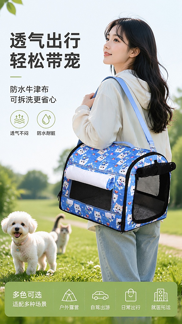 「图片1」，生成一套详情页，商品名称是宠物出行包，卖点是3D印花牛津布有很好的防水效果，拉链式设计方便拆洗收纳，正前方和两侧都是网布设计透气不闷热，内垫可以单独拆洗方便日常打理，尺寸是40*33*33cm（长宽高），材质：3D印花牛津布（外层防水）+ 记忆海绵 + 网布（正前方及两侧透气），颜色：蓝色猫咪款、米色兔子款、彩色动物款，适配淘宝/天猫平台，单图比例为9:16，需求屏数为8张。