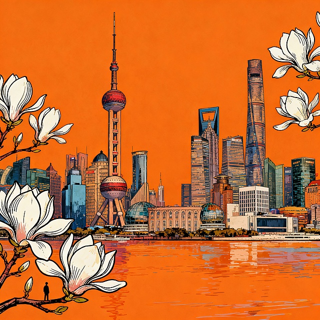 生成一张上海插画背景、色彩感好且两边有白玉兰、线条感强的正方形橙色插画背景，且不含人物。