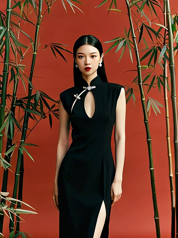 国潮风旗袍，融合中式感与时尚剪裁，黑色面料凸显优雅复古，竹影红墙衬托东方韵味。