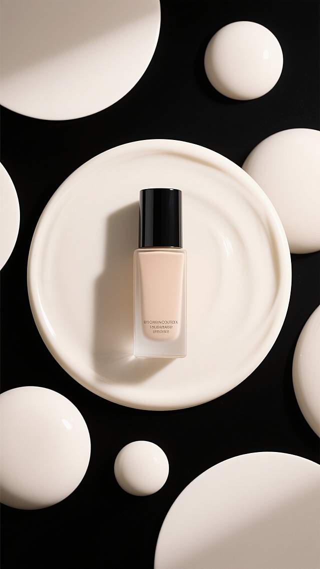 一张高端粉底液产品海报，极简主义风格，黑色背景，中心位置放置一瓶米白色粉底液，瓶盖为黑色，瓶身无文字，粉底液被放置在一个巨大的米白色圆形色块上，周围分布着大小不一的米白色圆形元素形成层次感，柔和的顶部光源，圆形色块表面有细腻的高光和阴影过渡，呈现出光滑的奶油质感，色彩以米白色和黑色为主，对比鲜明，营造出优雅、纯净、高级的氛围，视觉层级清晰，主体产品突出，信息传达简洁高效，符合高端美妆产品的目标受众审美。