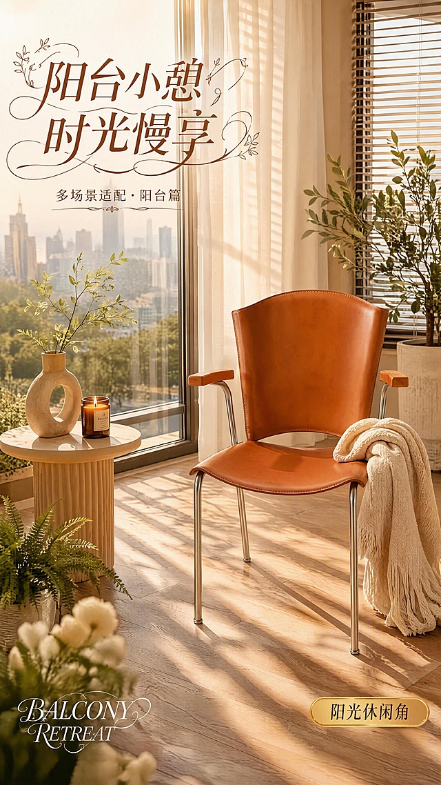 [第3张] 多场景适配-阳台场景。本张使用【图1】作为商品主体，保持产品比例尺寸、焦糖棕皮革、电镀椅腿与原图完全一致。
[氛围/风格] 阳光慵懒奢华阳台场景，午后暖光氛围，商业摄影质感，无人物。
[元素布局] 单人椅置于阳台休闲区中央偏右，占比约45%；阳台场景丰富：大落地玻璃窗+白色纱帘、户外绿植盆栽、小圆边几、香薰蜡烛、艺术花瓶、针织毛毯搭在椅边、阳光透过百叶窗投下条纹光影三层以上元素；地面为木纹地板，远处可见城市天际线虚化。
[光影质感] 午后暖金色阳光从左侧大窗斜射，椅身皮革呈现温暖光泽，电镀椅腿有明亮高光，地面有柔和条状光影，整体慵懒治愈。
[配色色系] 全局底色 #F7EFE4 暖杏色；主色焦糖棕+银色电镀；辅助色奶白、橄榄绿植物、金色阳光。
[视角构图] 平视偏45°，中远景，产品为视觉中心，阅读动线左上艺术字标题→中部产品+阳台场景→右下氛围标签。
[文字版式] 左上艺术字主标题「阳台小憩 时光慢享」采用飘逸花体艺术字带花样装饰；副标题「多场景适配·阳台篇」小字；右下角金色胶囊标签「阳光休闲角」；左下角英文装饰「BALCONY RETREAT」花体字；文字不遮挡椅身。
[比例分辨率] 9:16竖版比例，4K分辨率，文字清晰可辨，高清画质。
[负向提示词] 产品变形，人物出现，水印，文字错乱，内部结构展示，阳台场景简陋元素少，颜色偏差。