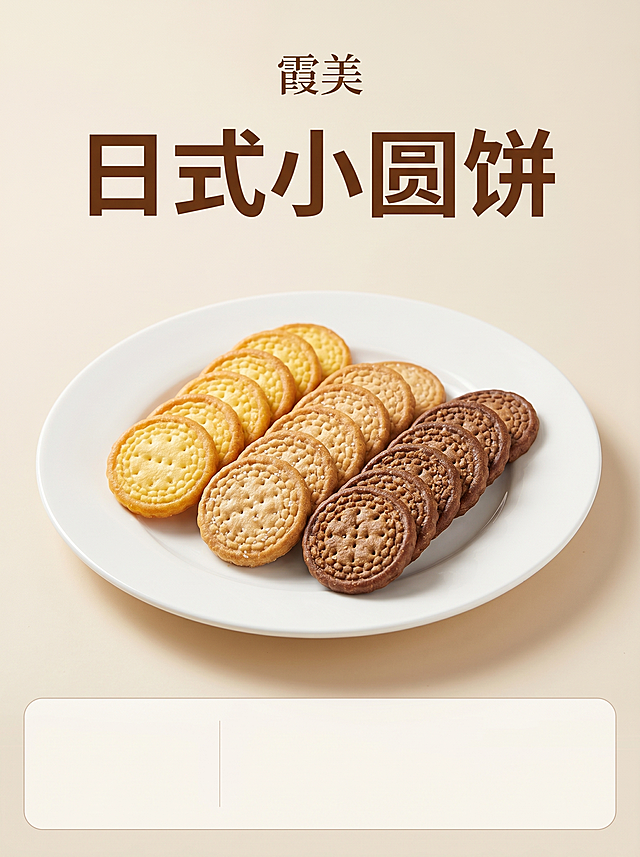 霞美日式小圆饼商品详情页首图，整体品牌展示。
氛围风格：拼多多电商详情页风格，信息直观，食欲感强。
画质：商业摄影质感、光线柔和通透、产品清晰真实、画面干净高级、2k分辨率。
元素：顶部品牌名"霞美"，主标题"日式小圆饼"，下方展示三种口味饼干整齐摆放在白色餐盘，背景干净浅米色，下方预留信息区域位置。保持饼干和包装外观和输入产品图绝对一致，杜绝变形色差。
光影：均匀柔和自然光线，突出饼干金黄酥脆。
配色：浅米色背景+深棕色文字+饼干原色调，整体简洁清晰。
文字排版：顶部品牌名小字体，主标题大字号粗体居中，信息层次清晰，不遮挡产品主体。
构图：竖向3:4比例详情页首图，层次分明。
负向提示词：变形，水印，文字错乱，产品图模糊，背景杂乱，遮挡主体